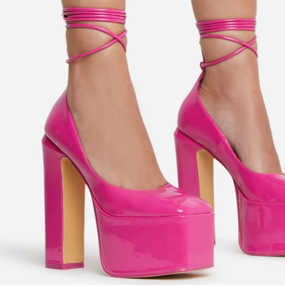 PINK LACE UP PLATFORM BLOCK HEEL - Picture 2 of 3